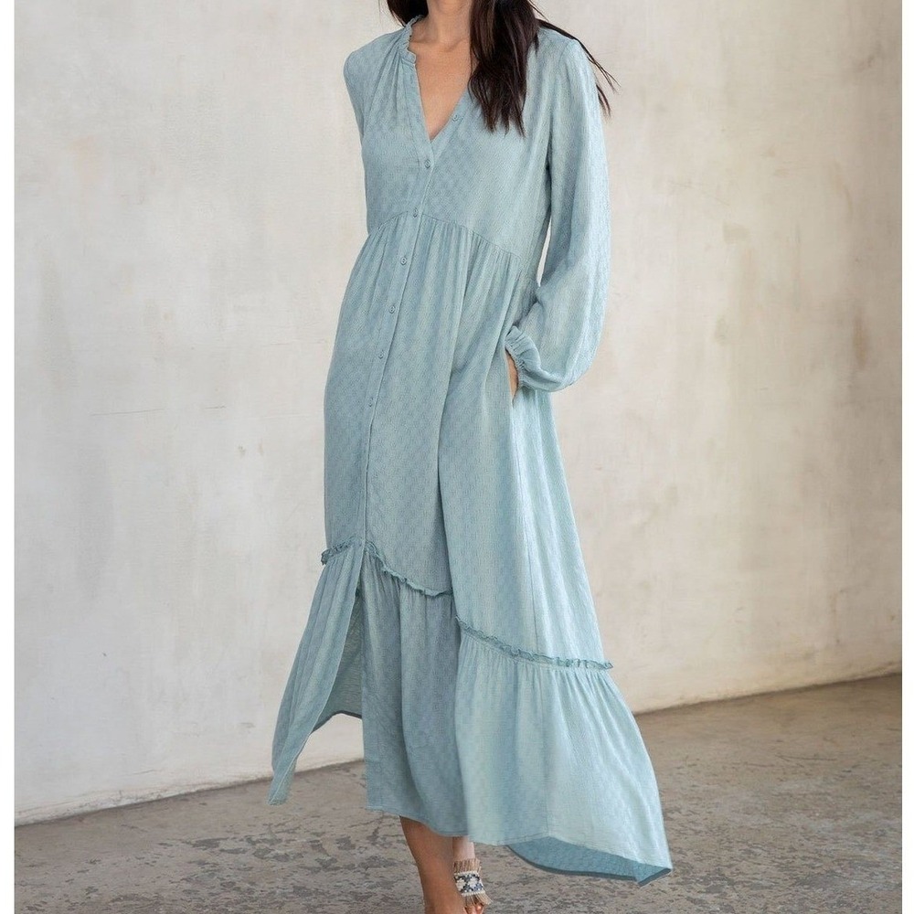 Lovestitch Maxi Dress Women L Blue‎  Textured Jacquard Boho Tiered Button Front